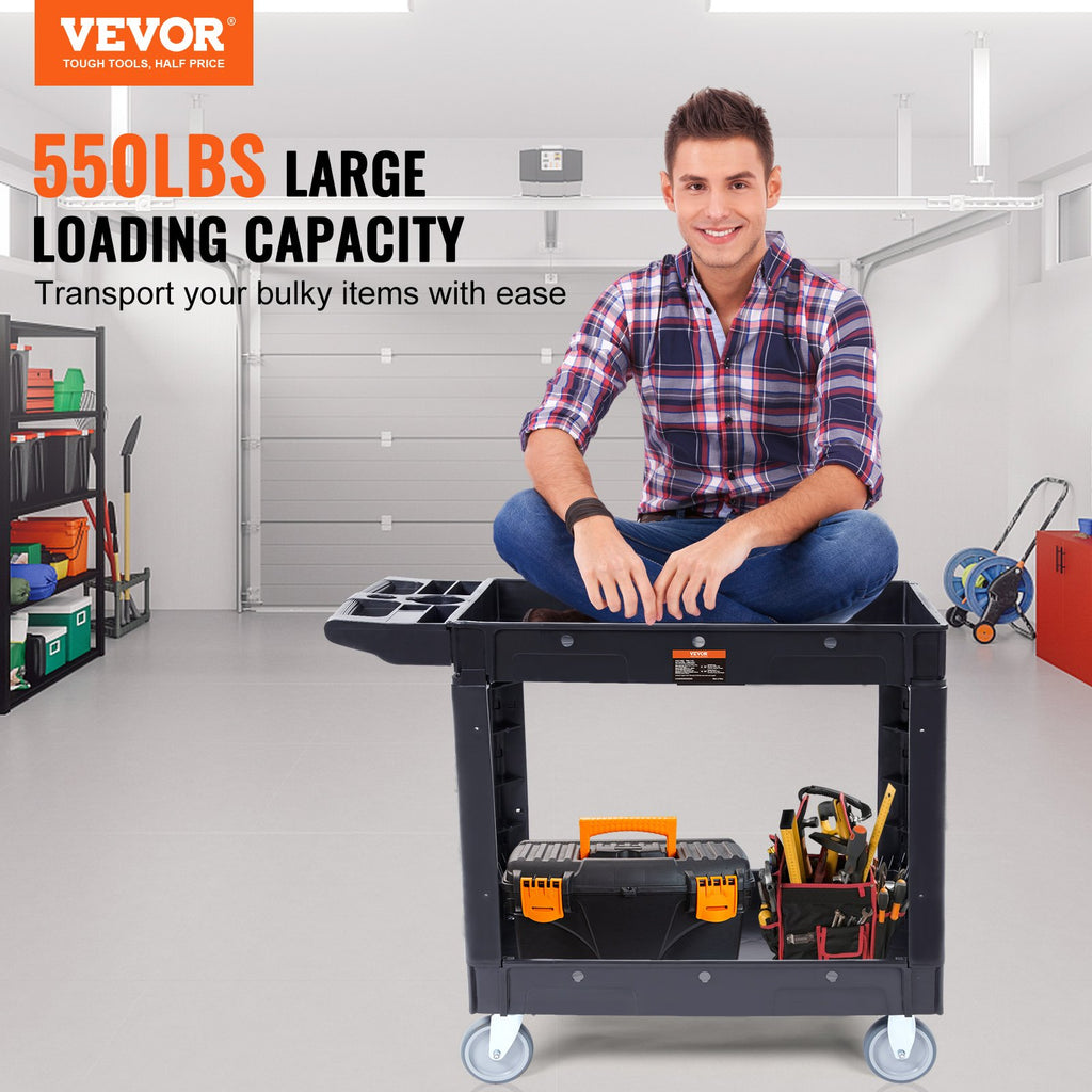 VEVOR Utility Service Cart, 2 Shelf 550LBS Heavy Duty Plastic Rolling Utility Cart with 360° Swivel Wheels, Medium Lipped Shelf, Ergonomic Storage Handle for Warehouse/Garage/Cleaning/Office