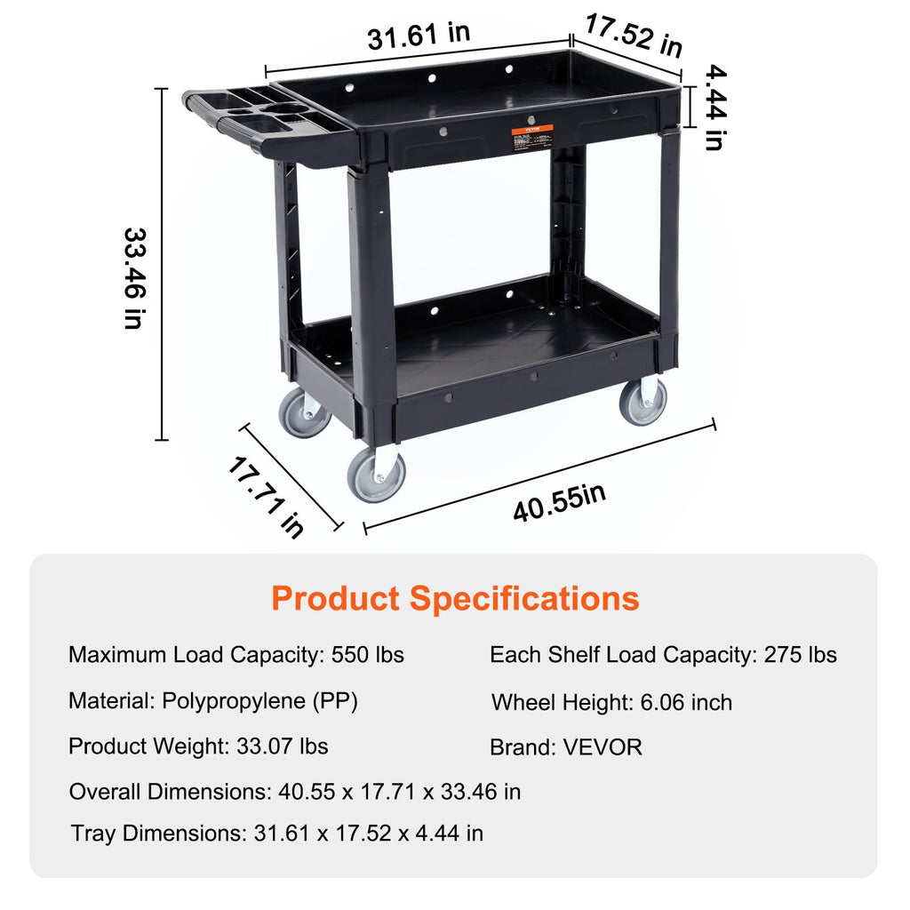 VEVOR Utility Service Cart, 2 Shelf 550LBS Heavy Duty Plastic Rolling Utility Cart with 360° Swivel Wheels, Medium Lipped Shelf, Ergonomic Storage Handle for Warehouse/Garage/Cleaning/Office