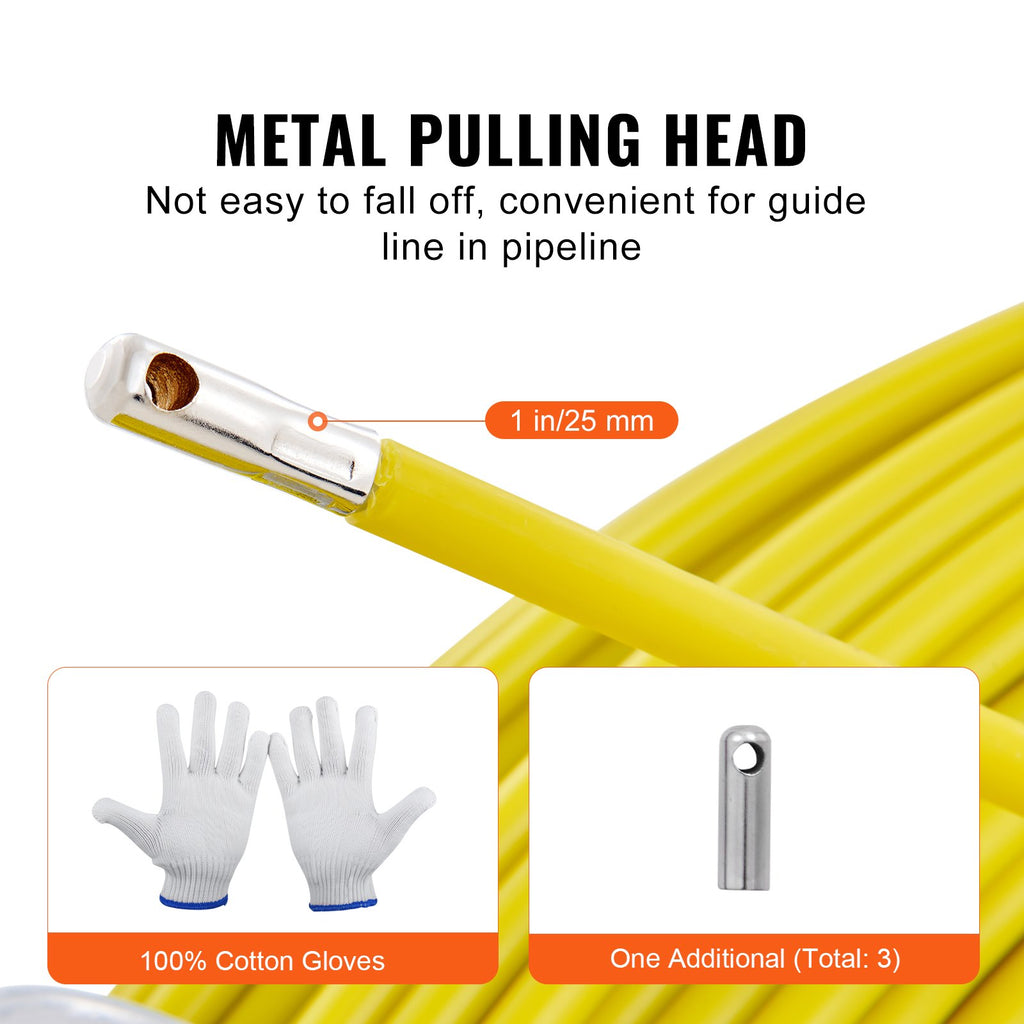 VEVOR Fish Tape Fiberglass, 150 m, 7.9 mm, Duct Rodder Fishtape Wire Puller, Cable Running Rod with Steel Reel Stand, 3 Pulling Heads, Fishing Tools for Walls and Electrical Conduit, Non-Conductive