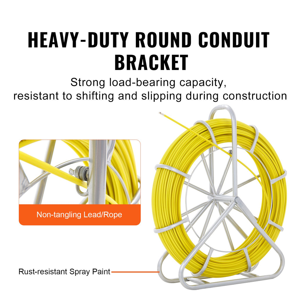 VEVOR Fish Tape Fiberglass, 129.5 m, 6.35 mm, Duct Rodder Fishtape Wire Puller, Cable Running Rod with Steel Reel Stand, 3 Pulling Heads, Fishing Tools for Walls and Electrical Conduit, Non-Conductive