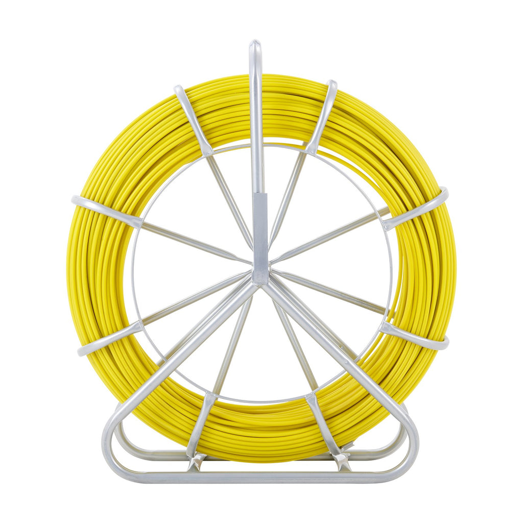 VEVOR Fish Tape Fiberglass, 129.5 m, 6.35 mm, Duct Rodder Fishtape Wire Puller, Cable Running Rod with Steel Reel Stand, 3 Pulling Heads, Fishing Tools for Walls and Electrical Conduit, Non-Conductive