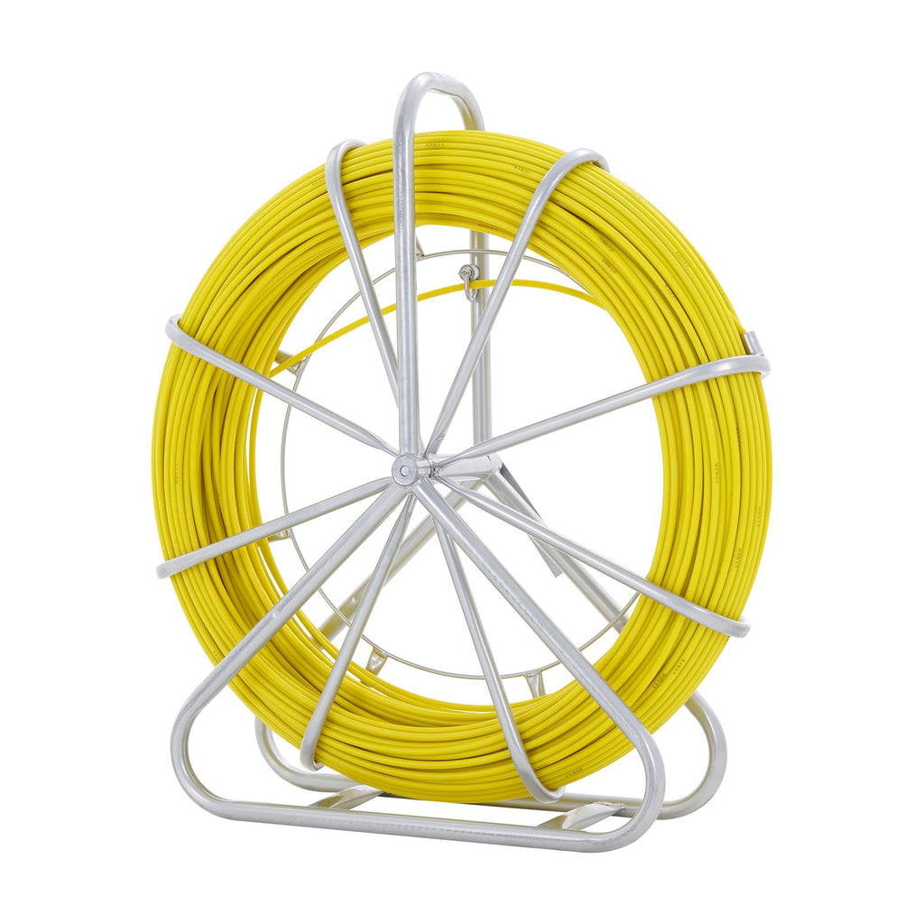VEVOR Fish Tape Fiberglass, 129.5 m, 6.35 mm, Duct Rodder Fishtape Wire Puller, Cable Running Rod with Steel Reel Stand, 3 Pulling Heads, Fishing Tools for Walls and Electrical Conduit, Non-Conductive