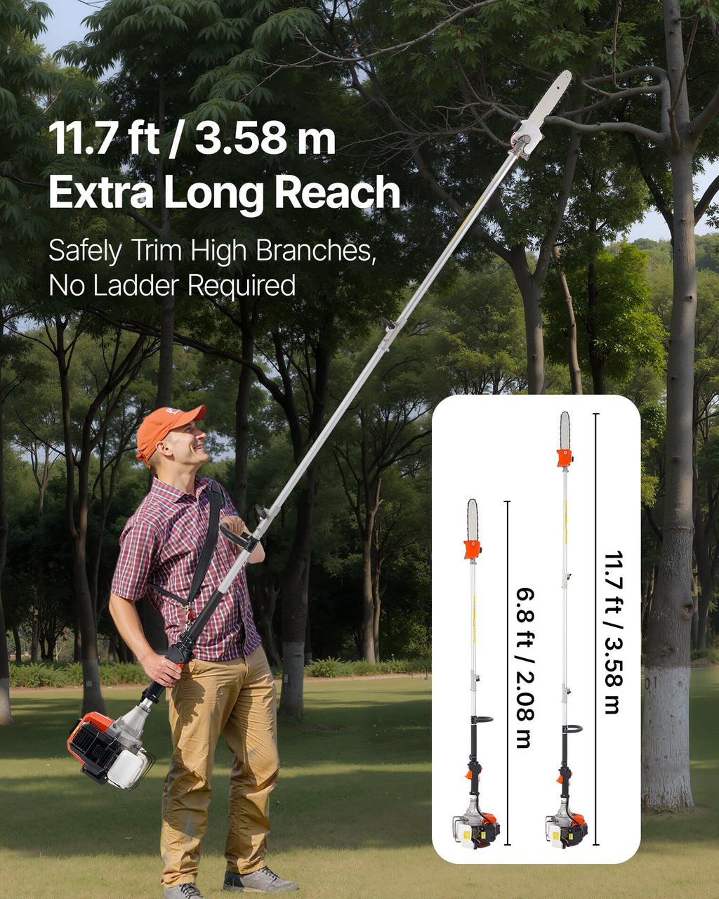 VEVOR Gas Pole Saw, 33CC 2 Stroke Gas Powered Pole Saws with 20.3 cm Cutting Bar, Cordless Tree Trimmer with 850ml Fuel Tank, 2.08 to 3.58 m  Extendable, Powerful Chainsaw for Tree Trimming Pruning