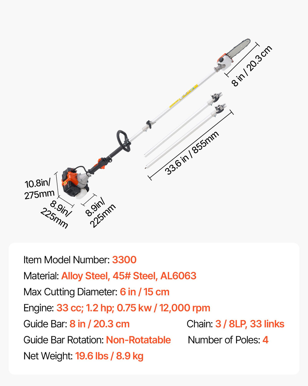 VEVOR Gas Pole Saw, 33CC 2 Stroke Gas Powered Pole Saws with 20.3 cm Cutting Bar, Cordless Tree Trimmer with 850ml Fuel Tank, 2 to 3.5 m  Extendable, Powerful Chainsaw for Tree Trimming Pruning
