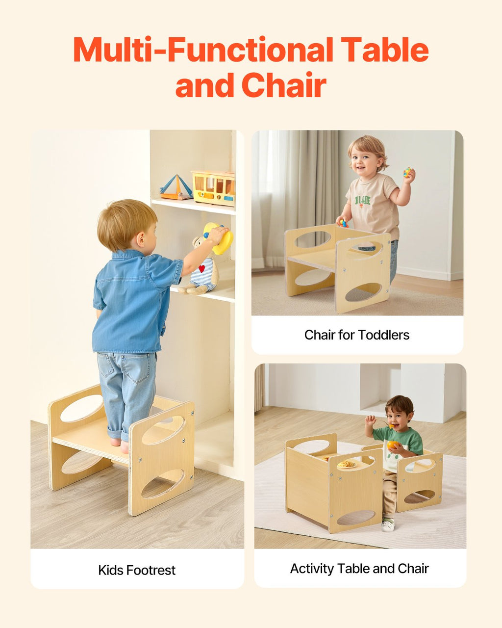 VEVOR Montessori Weaning Table and Chair Set, Wooden Toddler Table and Chair Set for Aged 1-5, Adjustable Height Kids Montessori Chair and Activity Table, Ideal for Reading, Eating, Playing - Natural