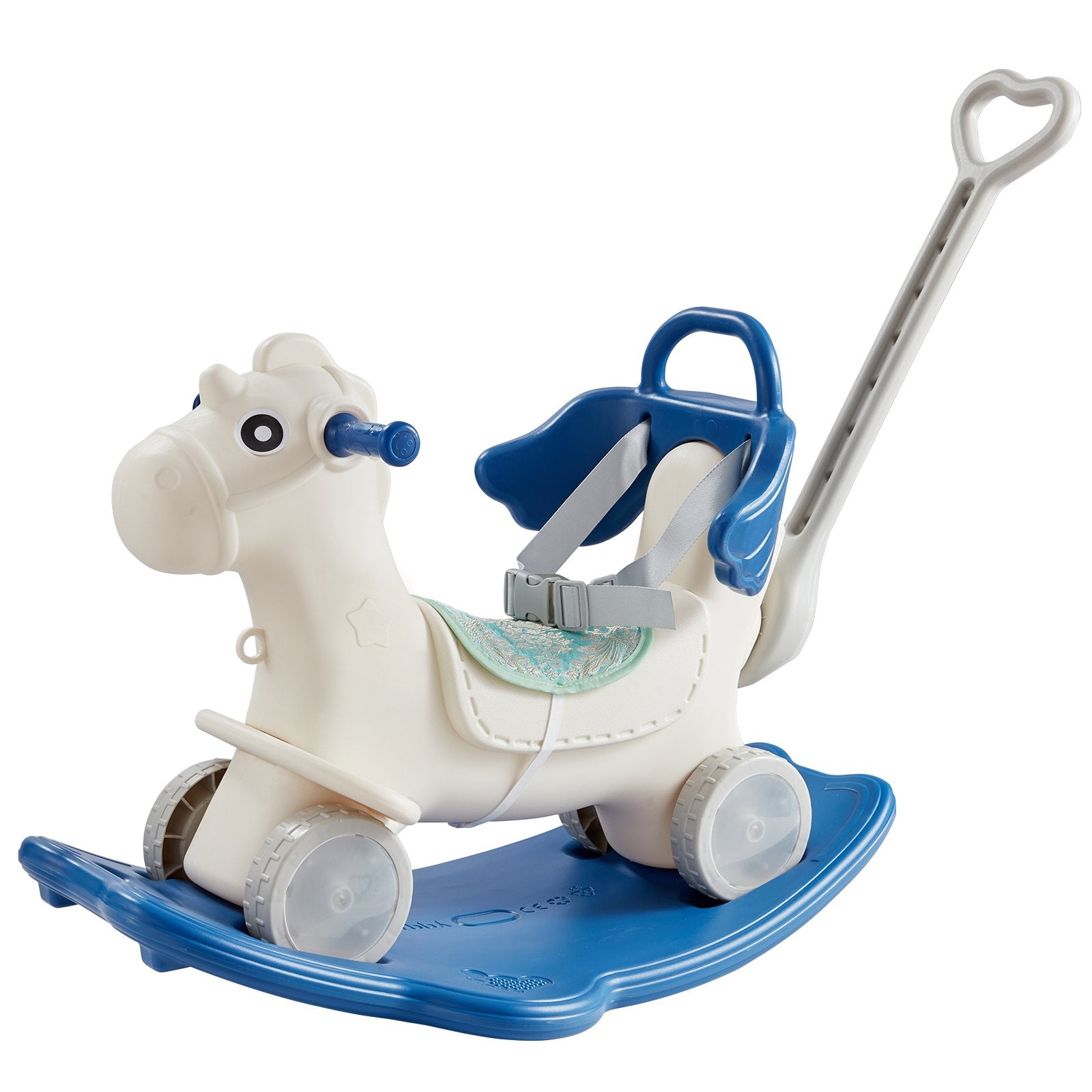 VEVOR 4 in 1 Rocking Horse for Toddlers 1-3 Years, Baby Rocking Horse with Detachable Balance Board, Push Handle and 4 Smooth Wheels, Support up to 80 lbs HDPE Kids Ride on Toy with Sound, Blue