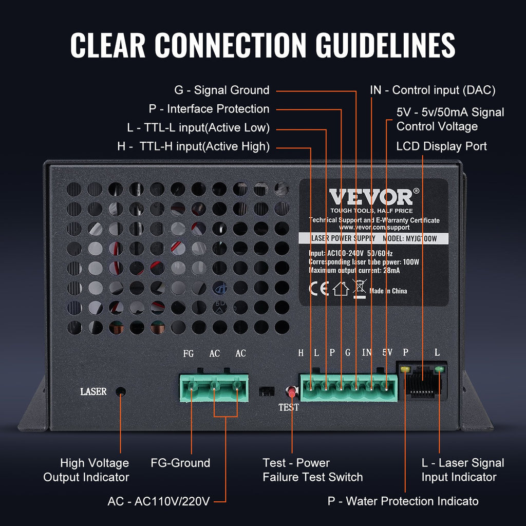 VEVOR CO2 Laser Power Supply, 100W, Power Supply for 100W Laser Tube, Constant Current Protection, Open Circuit Protection, Fast Heat Dissipation, Compatible for Multi-brand Laser Engravers & Cutters