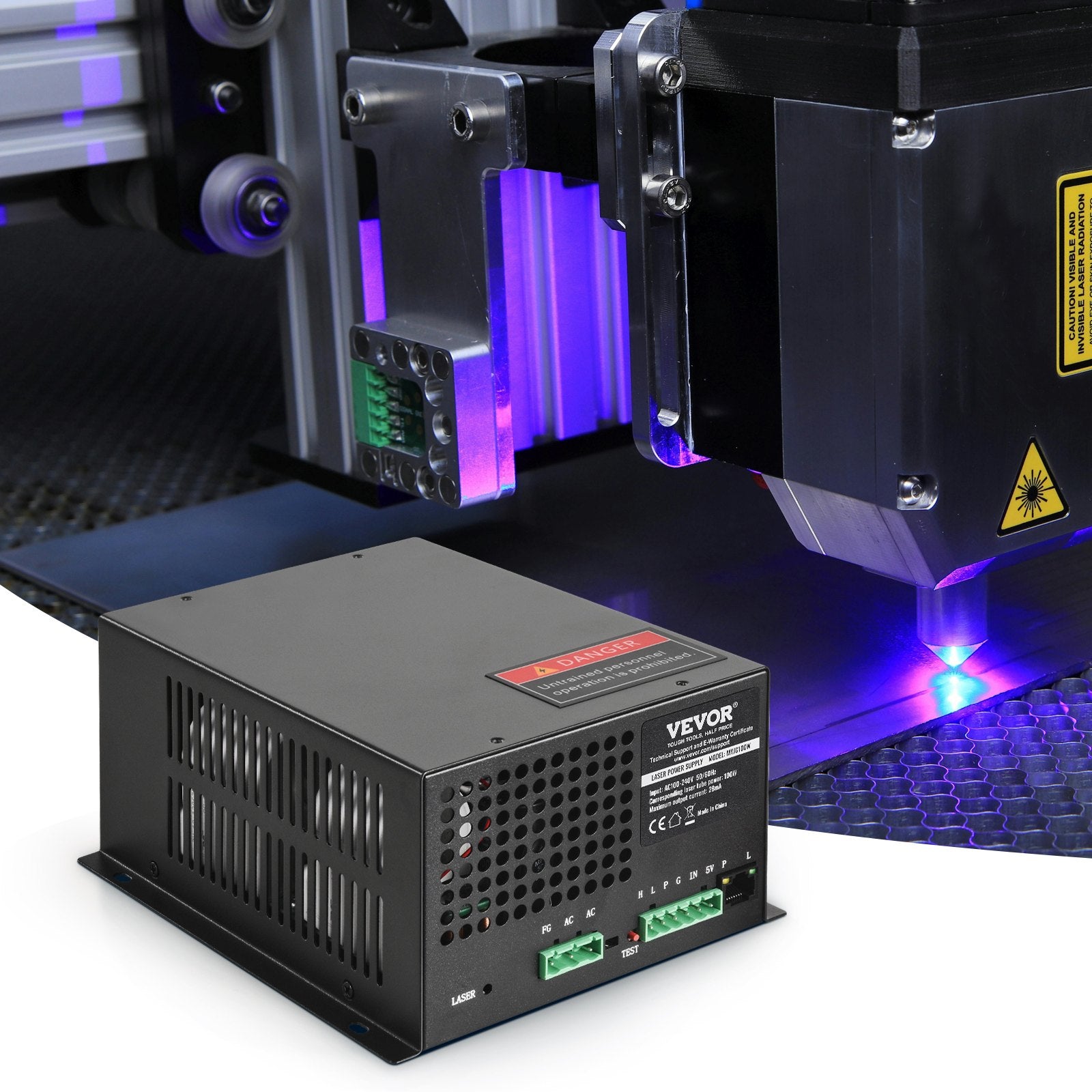 VEVOR CO2 Laser Power Supply, 100W, Power Supply for 100W Laser Tube, Constant Current Protection, Open Circuit Protection, Fast Heat Dissipation, Compatible for Multi-brand Laser Engravers & Cutters