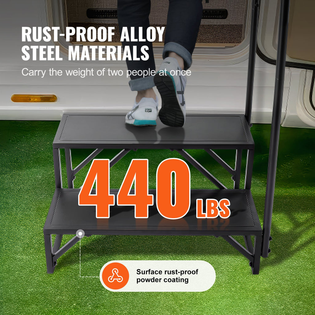 VEVOR RV Steps, 2-Step RV Stairs, 199.58KGS Load Capacity, Thickened Carbon Steel, With Handrail, Non-Slip Steps for Safe Entry and Exit, Suit for RV, Trailer, Camper Steps