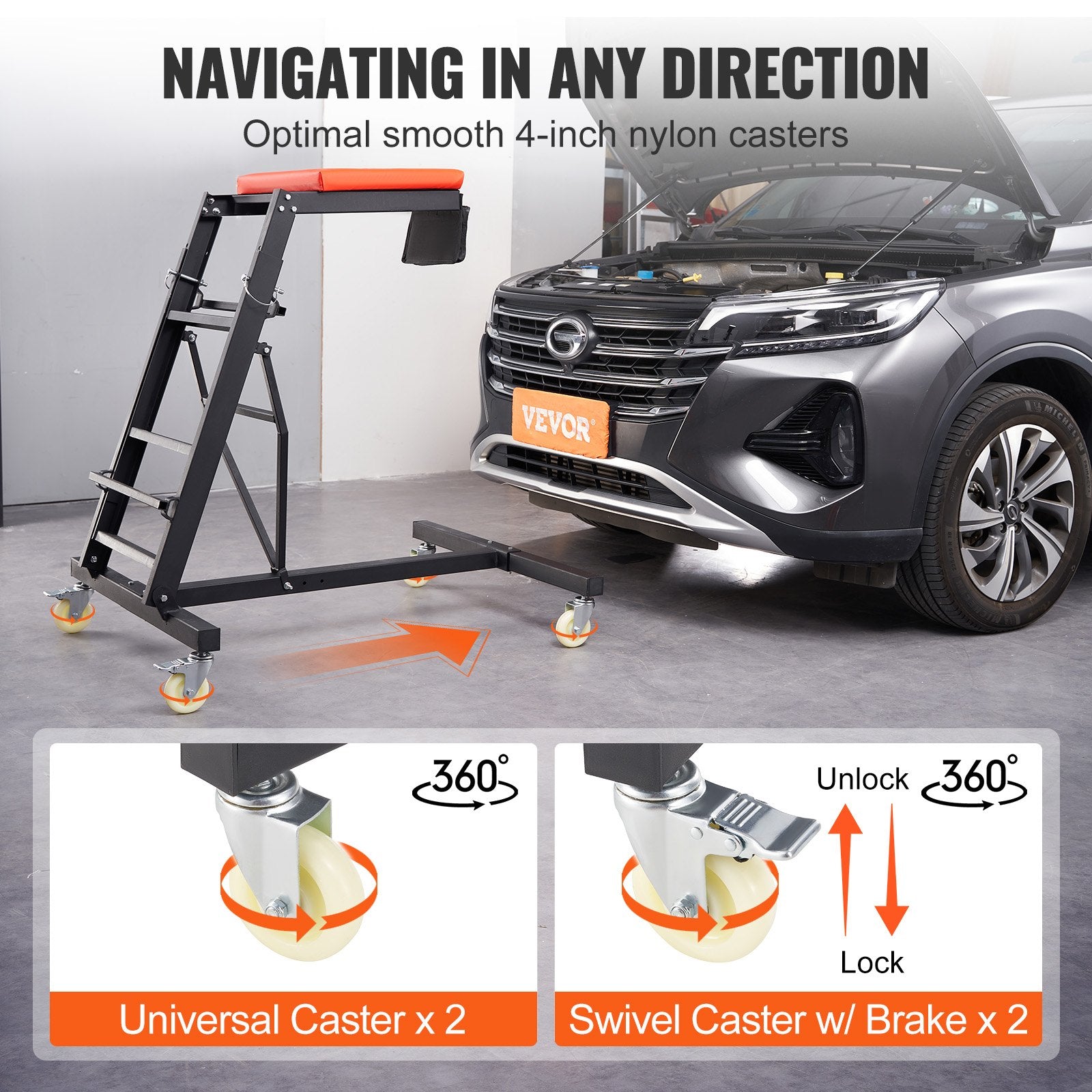 VEVOR Top Automotive Creeper, Engine Creeper with Adjustable Height 45.7" to 66.3",181.44KGS Capacity High Creeper, 4 Swivel Caster Wheels, Heavy Duty Foldable Creeper for Auto Repair and Maintenance