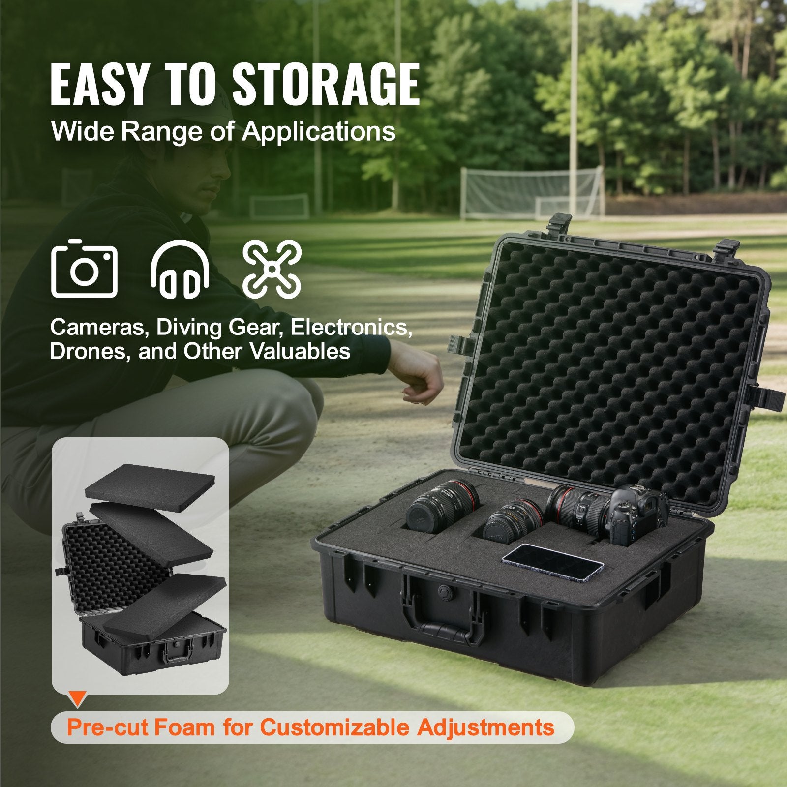 VEVOR Weatherproof Hard Case, Heavy Duty Protective Dry Box Case with Pre-cut Foam, and Retractable Pull Handles for Travel, Hunting, Military, Tactical, IP67 Waterproof Case for Cameras (56.1x37x26)
