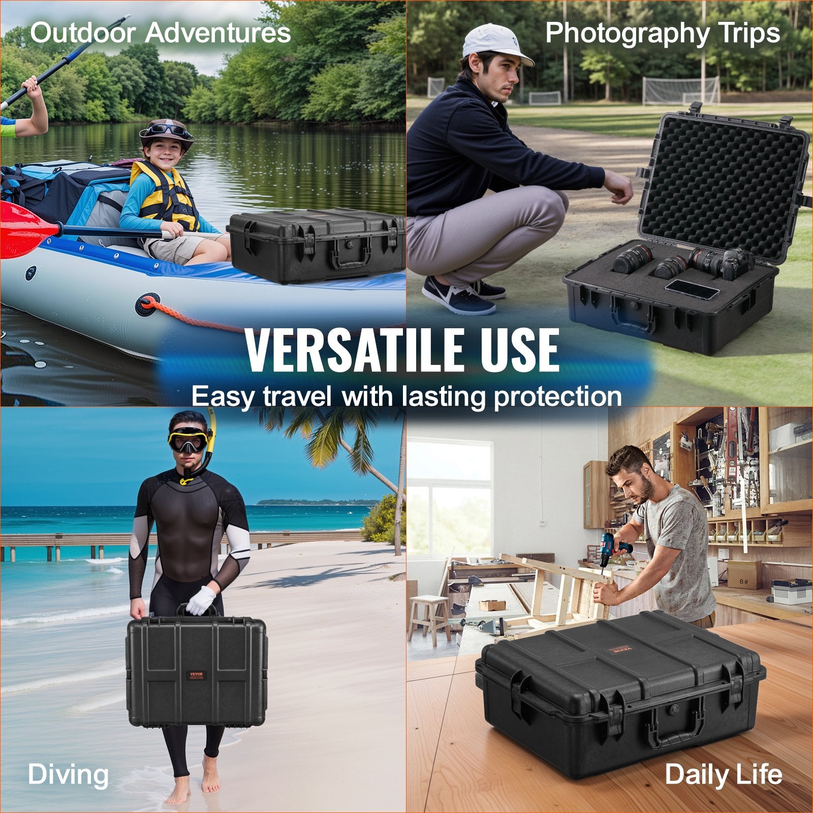 VEVOR Weatherproof Hard Case, Heavy Duty Protective Dry Box Case with Pre-cut Foam, and Retractable Pull Handles for Travel, Hunting, Military, Tactical, IP67 Waterproof Case for Cameras (56.1x37x26)