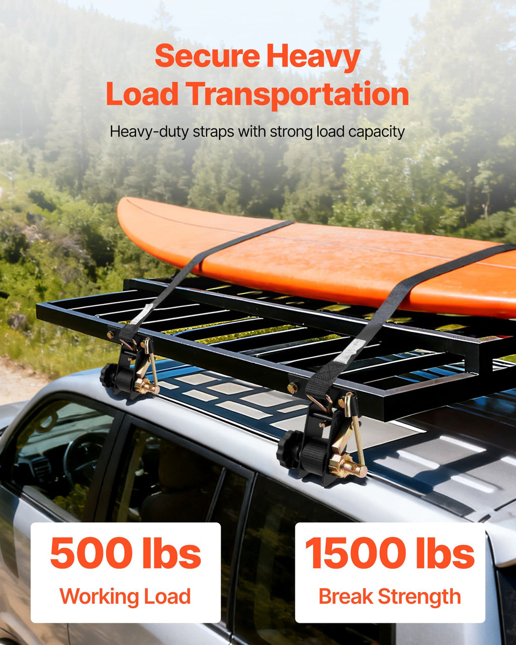 VEVOR Ladder Rack Ratchet Straps, Black Square Tube Mount, 38 mm Wide x 2.25 m Long Black Ladder Rack Straps with Double J-Hooks, 226.8 kg Load Heavy Duty, Cargo Buckle Lock Strap (4 Pack)