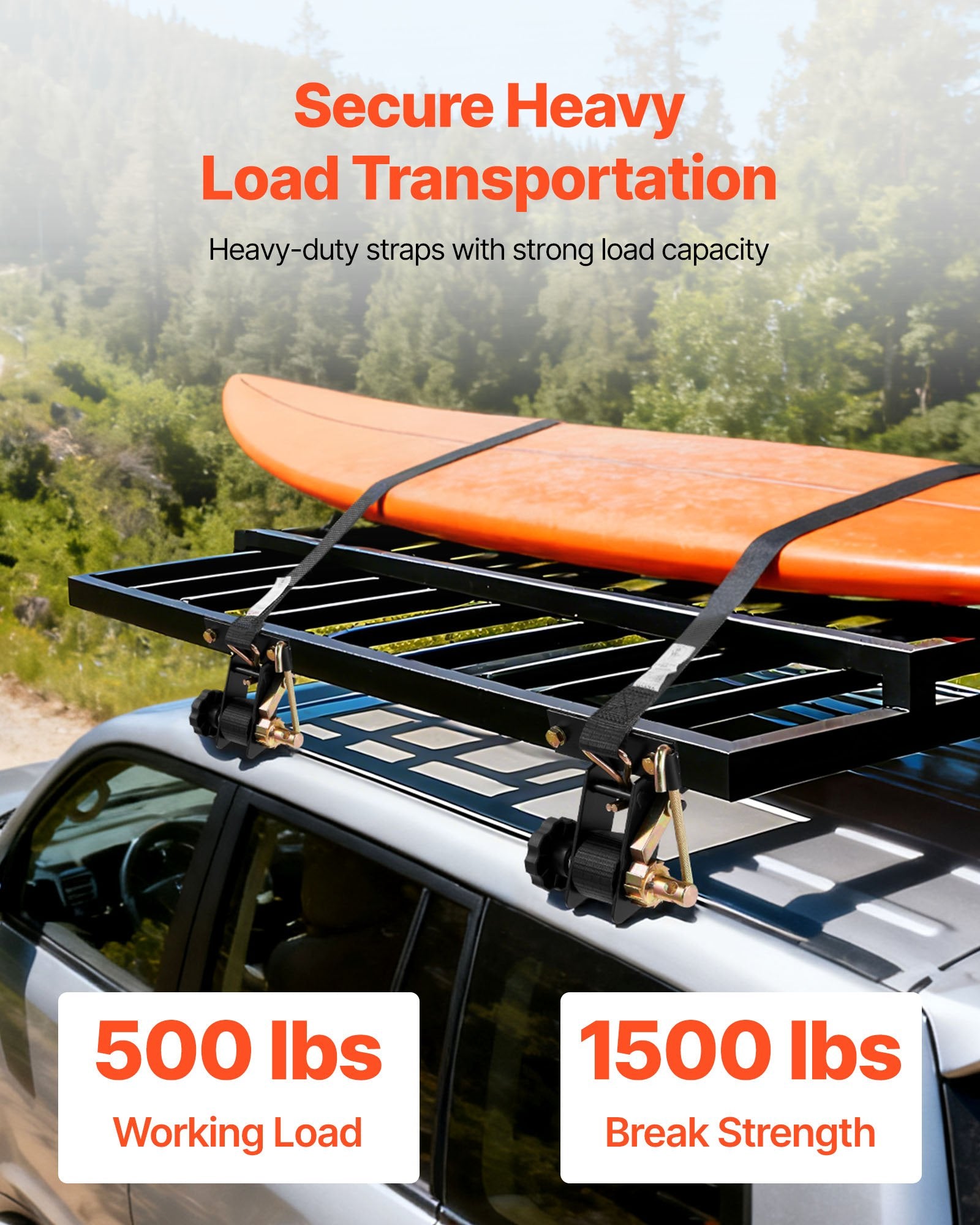 VEVOR Ladder Rack Ratchet Straps, Black Square Tube Mount, 38 mm Wide x 2.25 m Long Black Ladder Rack Straps with Double J-Hooks, 226.8 kg Load Heavy Duty, Cargo Buckle Lock Strap (4 Pack)