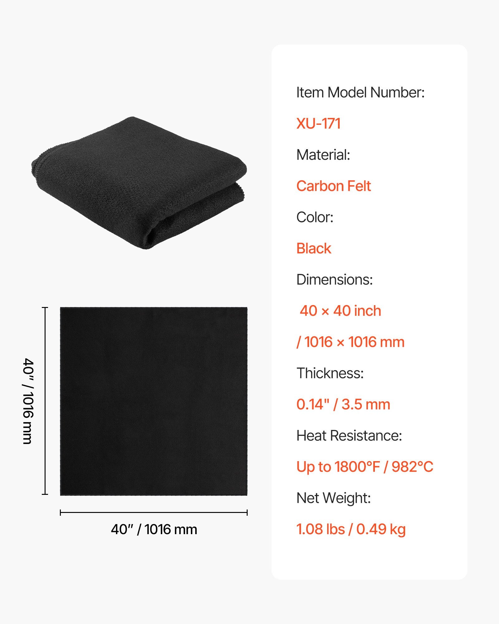 VEVOR Carbon Felt Welding Blanket, 1016mm x 1016mm Flame Retardant Welding Blanket, Up to 1800°F Heat Resistant Safety Protection Blanket, 3.5mm Thickened Carbon Fiber Fireproof Insulation Mat Pad