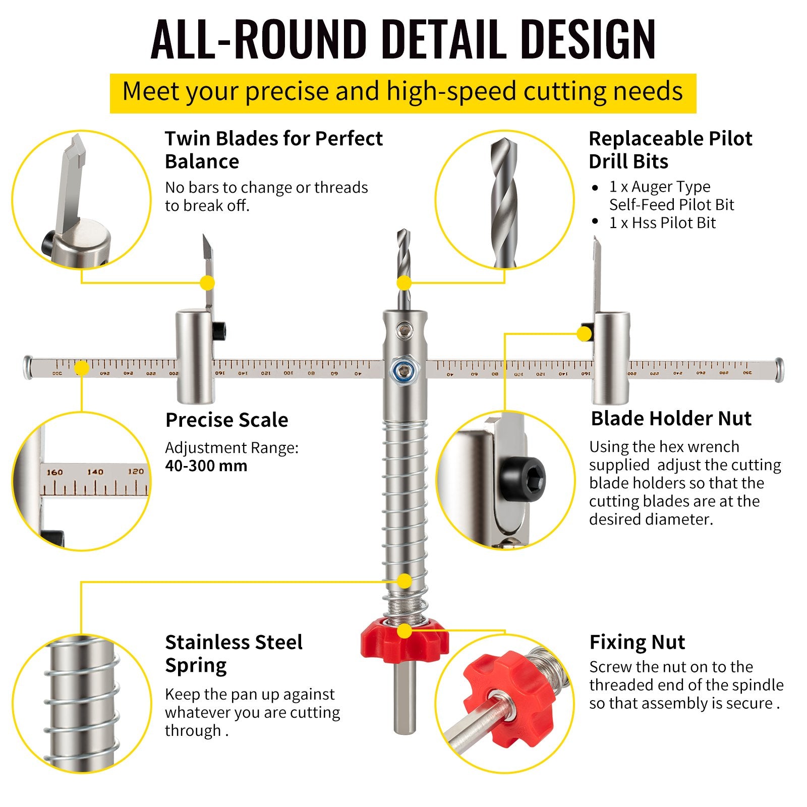 VEVOR Adjustable Hole Saw Cutter Kit, 1-5/8\" to 11-13 /16\" (40-300 mm), Recessed Hole Saw with PC Dust Shield, Two Replaceable Pilot Drill Bits, for Recessed Lights, Ceiling Speakers, Vent Holes