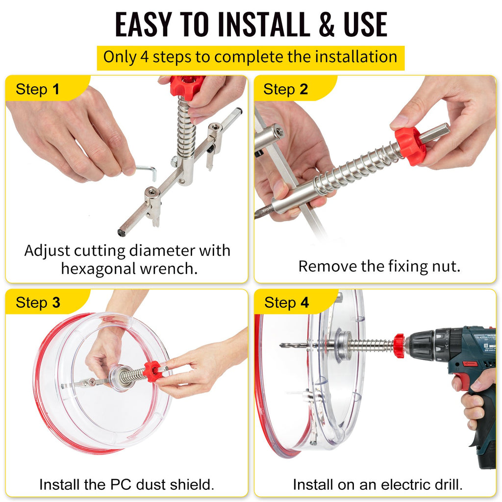 VEVOR Adjustable Hole Saw Cutter Kit, 1-5/8\" to 11-13 /16\" (40-300 mm), Recessed Hole Saw with PC Dust Shield, Two Replaceable Pilot Drill Bits, for Recessed Lights, Ceiling Speakers, Vent Holes