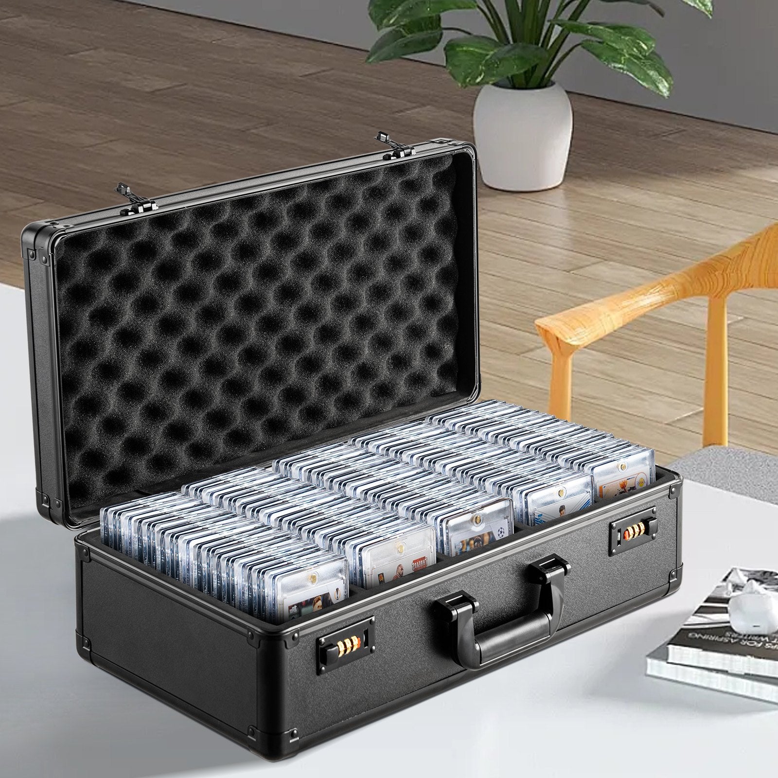 VEVOR Graded Card Storage Box, 5 Slots, Graded Sports Cards Holder Carrying Case with Coded Lock Foam Dividers, for 162 PSA Graded Cards 115 BGS Cards 130 SGC Cards 585 Top Loaders or 999+ Loose Cards