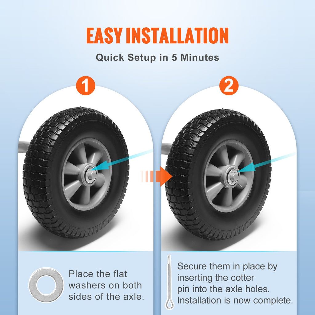 VEVOR Solid PU Run-Flat Tire Wheel, 254 mm, 2-Pack, 81.6 kg Dynamic Load, 99.8 kg Static Load, Flat Free Tubeless Tires and Wheels for Hand Truck, Utility Cart, Dollies, Garden Trailers, Various Carts