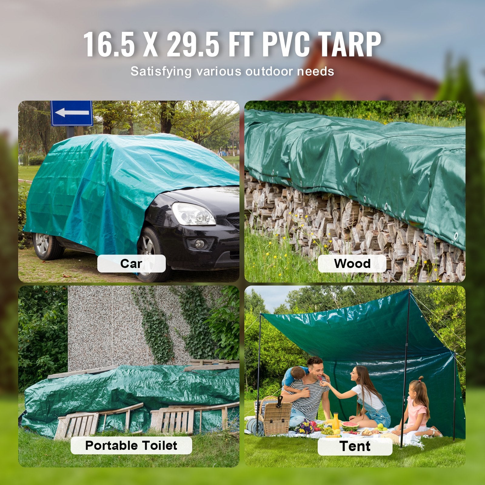 VEVOR PVC Waterproof Tarp, 16.5 x 29.5 ft Heavy Duty PVC Tarpaulin, Tear-Proof and Weather-Proof, with Grommets and Reinforced Edges for Canopy Boat RV Tent Shelter Trailer Truck Cover, Green