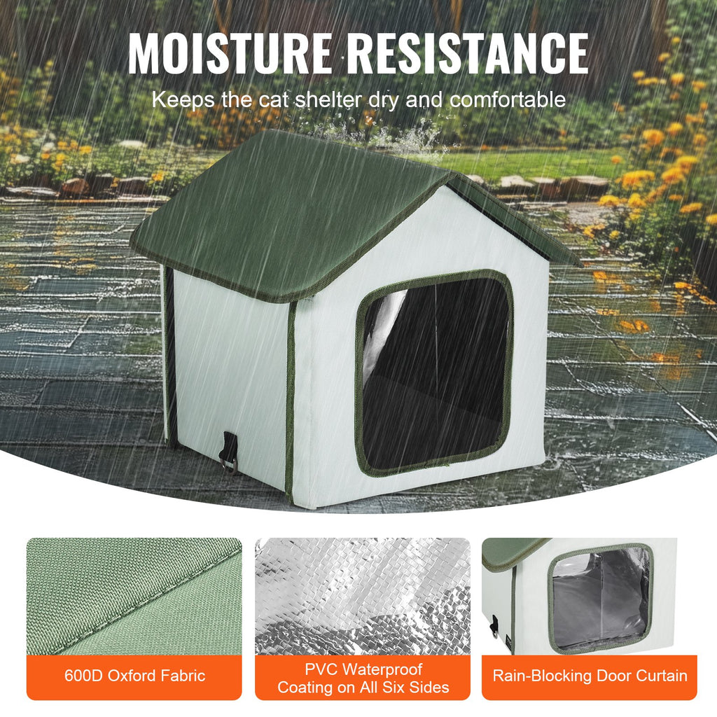 VEVOR Elevated Heated Cat House, Outdoor Kitty Shelter with Timer, 600D Oxford Cloth Foldable Cat Shelter with Heated Pad for Winter to Stay Warm and Cozy, Green (Small)