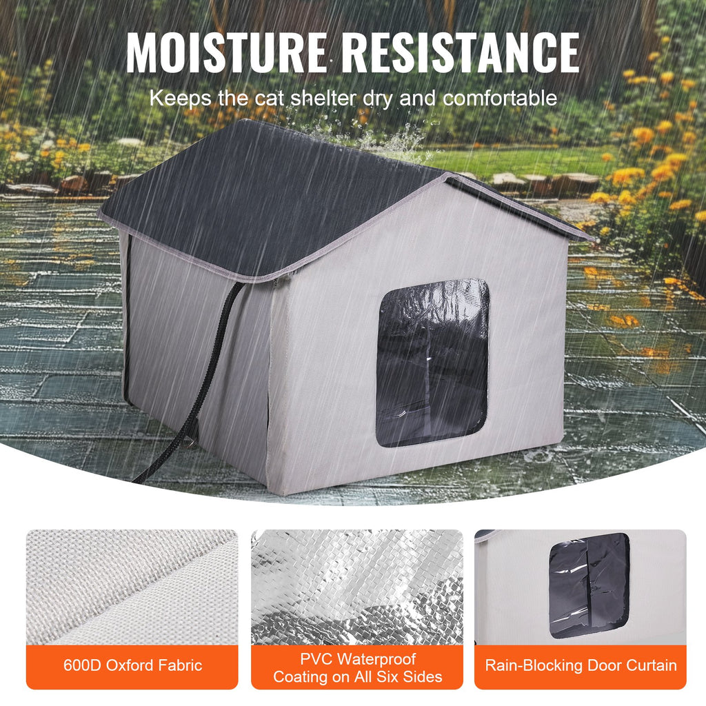 VEVOR Heated Cat House, Outdoor Kitty Shelter with Timer, 600D Oxford Cloth Foldable Cat Shelter with Heated Pad  for Winter to Stay Warm and Cozy, Gray (Middle)