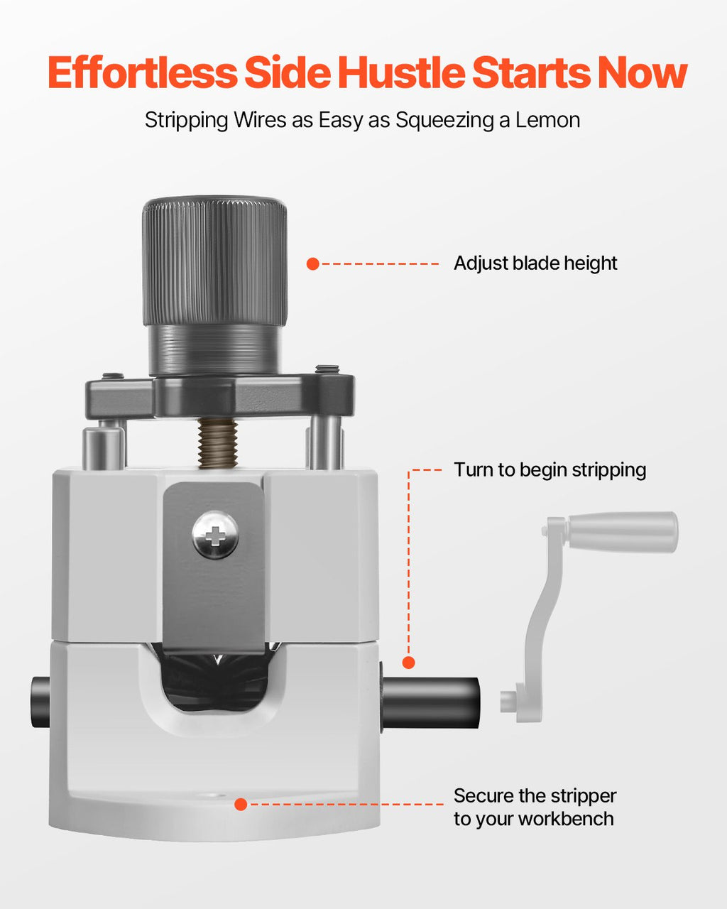 VEVOR Manual Wire Stripping Machine, 1.5-25 mm, Portable Copper Stripper with Hand Crank or Drill Powered, 64Mn Quenched Blades, 45# Steel Rollers, ABS & PC Wire Peeler, for Scrap Copper Recycling