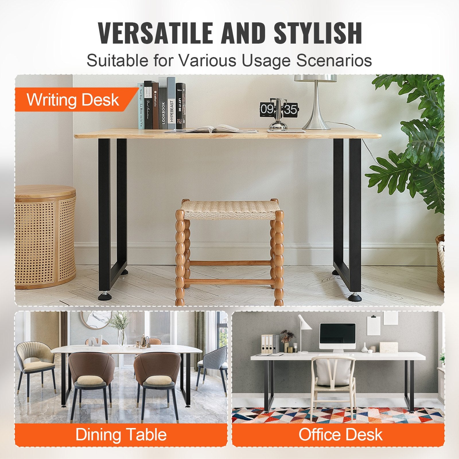 VEVOR 711.2MM Adjustable Furniture Legs, Square Reinforced Steel Office Table legs Set of 2 for DIY, Max Load 453.6KG Heavy Duty Desk Legs, Quick Instalation & Rich Accessories Legs Black