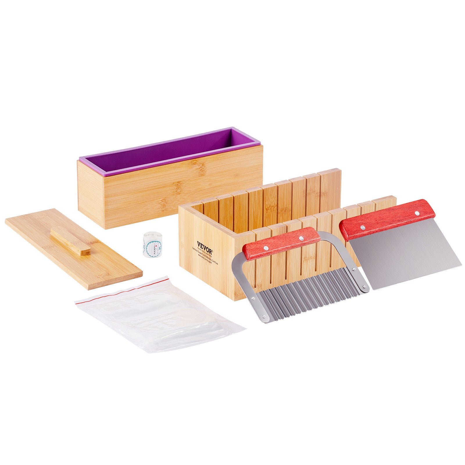 VEVOR Soap Making Kit, Bamboo Cutting Box and Inner Box with Silicone Mold, Stainless Steel Straight Cutter and Wavy Cutter, 100 Bags and 105 Stickers, Soap Making Supplies DIY Kits for Adults