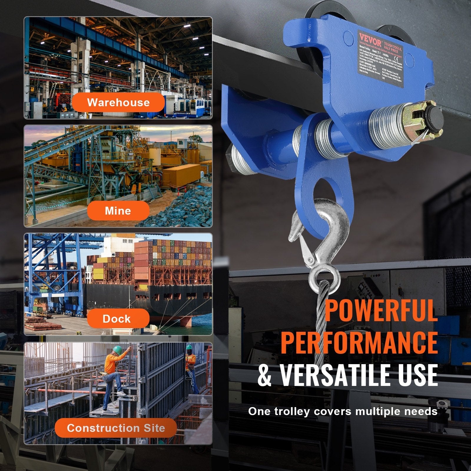 VEVOR Manual Trolley, 2 Ton Load Capacity, Push Beam Trolley with Dual Wheels, Adjustable for I-Beam Flange Width 63.5 mm to 177.8 mm, Heavy Duty Alloy Steel Garage Hoist for Straight Curved I Beam