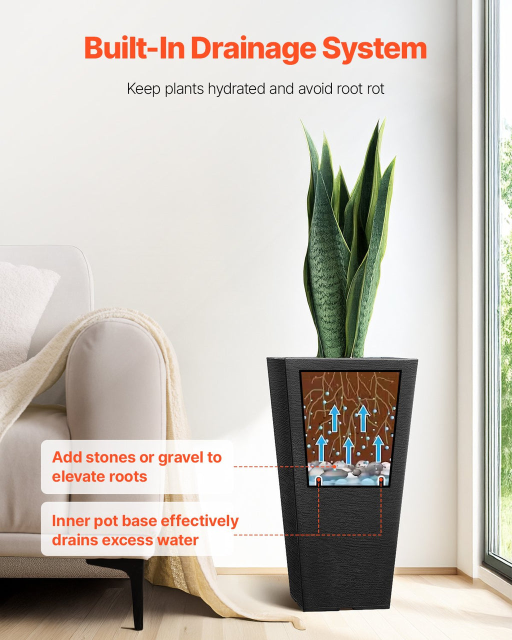 VEVOR Tall Planter, Set of 2 Tall Square Tapered Planters, 57 cm Large Modern Gardening and Flower Plastic Pots, Decorative Tall Black Planter with Drainage Hole, for Porch, Patio, Indoor & Outdoor