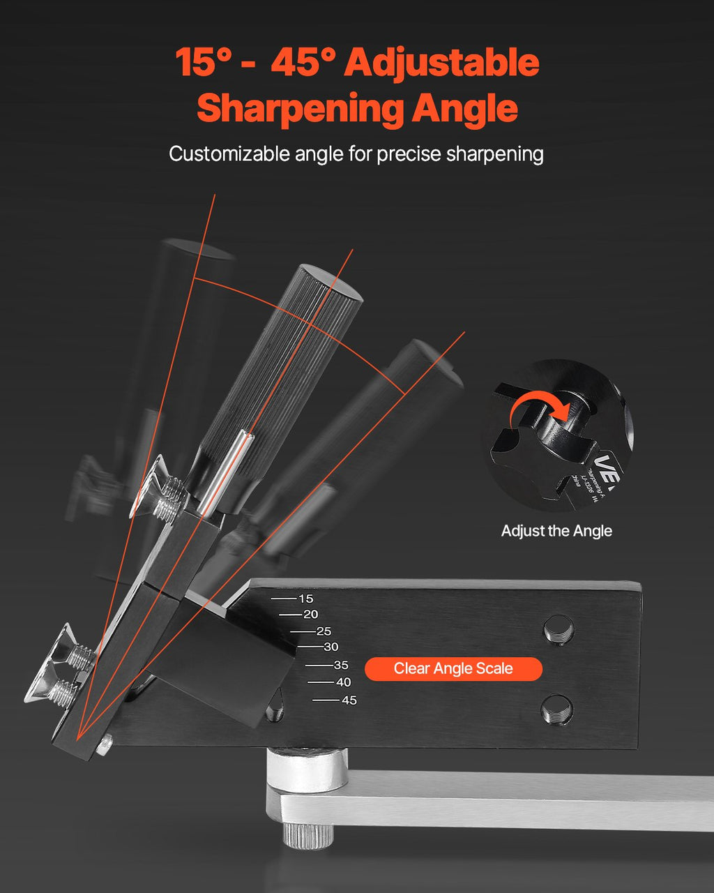 VEVOR Lawn Mower Blade Sharpener and Balancer, 15° - 45° Adjustable Lawnmower Blade Sharpening Tool with 4 Adapter Pins, Ball Bearings & 25mm Enlarged Handle, Compatible with Most Angle Grinders