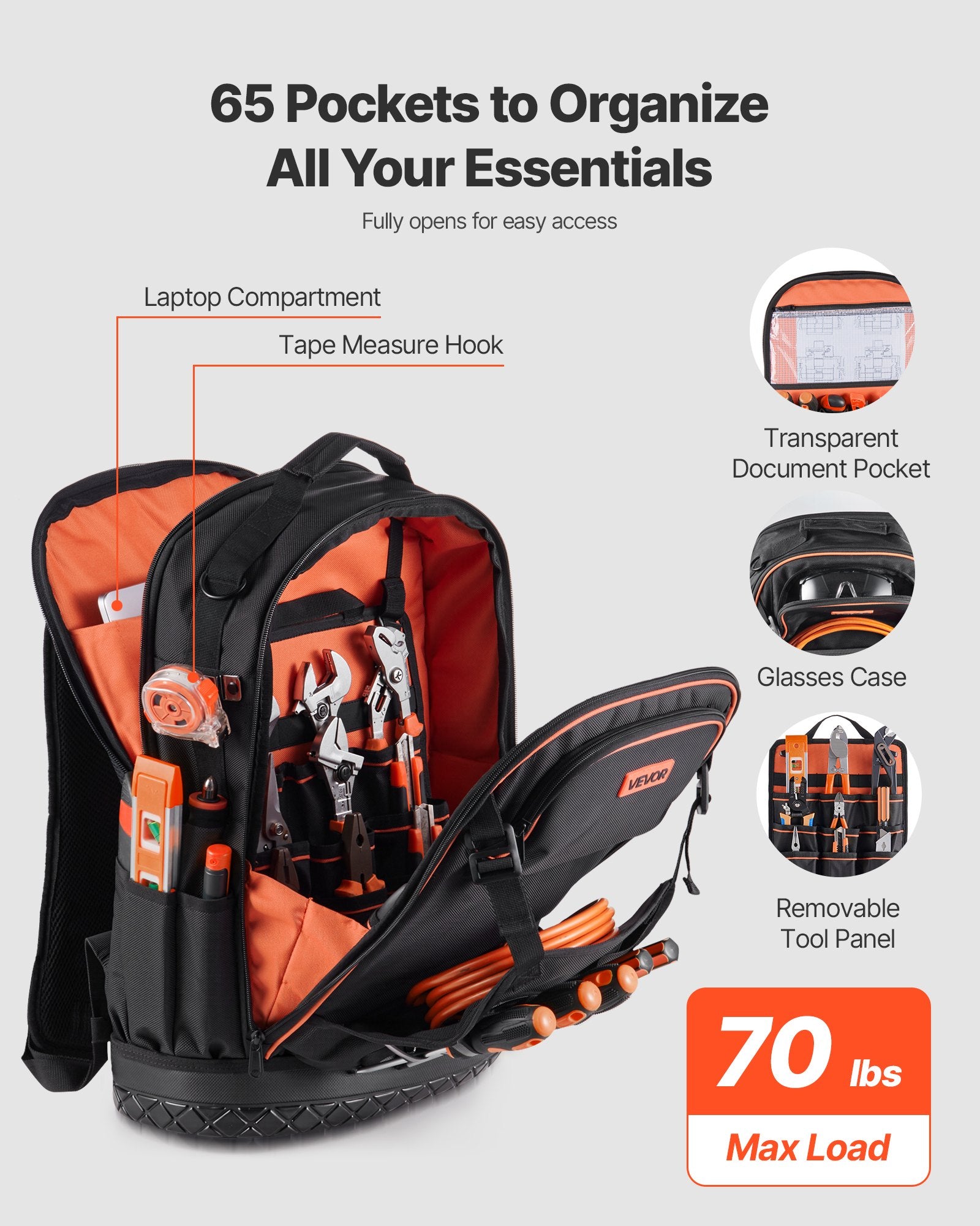 VEVOR Tool Backpack, 65 Pockets, Heavy-duty Tools Storage Organizer Work Bags with Laptop Compartment & Molded Base, Electrician Jobsite Backpack for Electrician, Repairman, and HVAC Techs