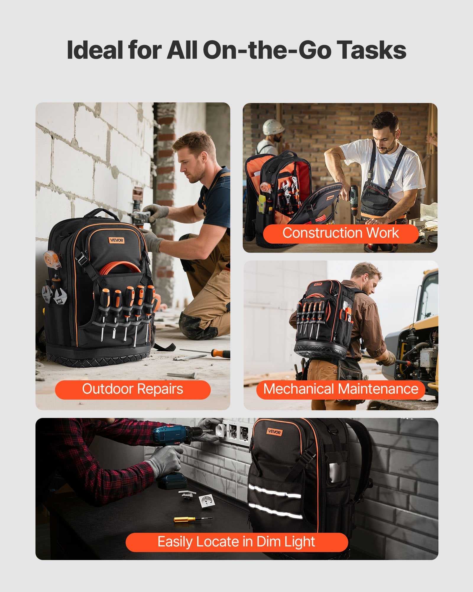 VEVOR Tool Backpack, 65 Pockets, Heavy-duty Tools Storage Organizer Work Bags with Laptop Compartment & Molded Base, Electrician Jobsite Backpack for Electrician, Repairman, and HVAC Techs