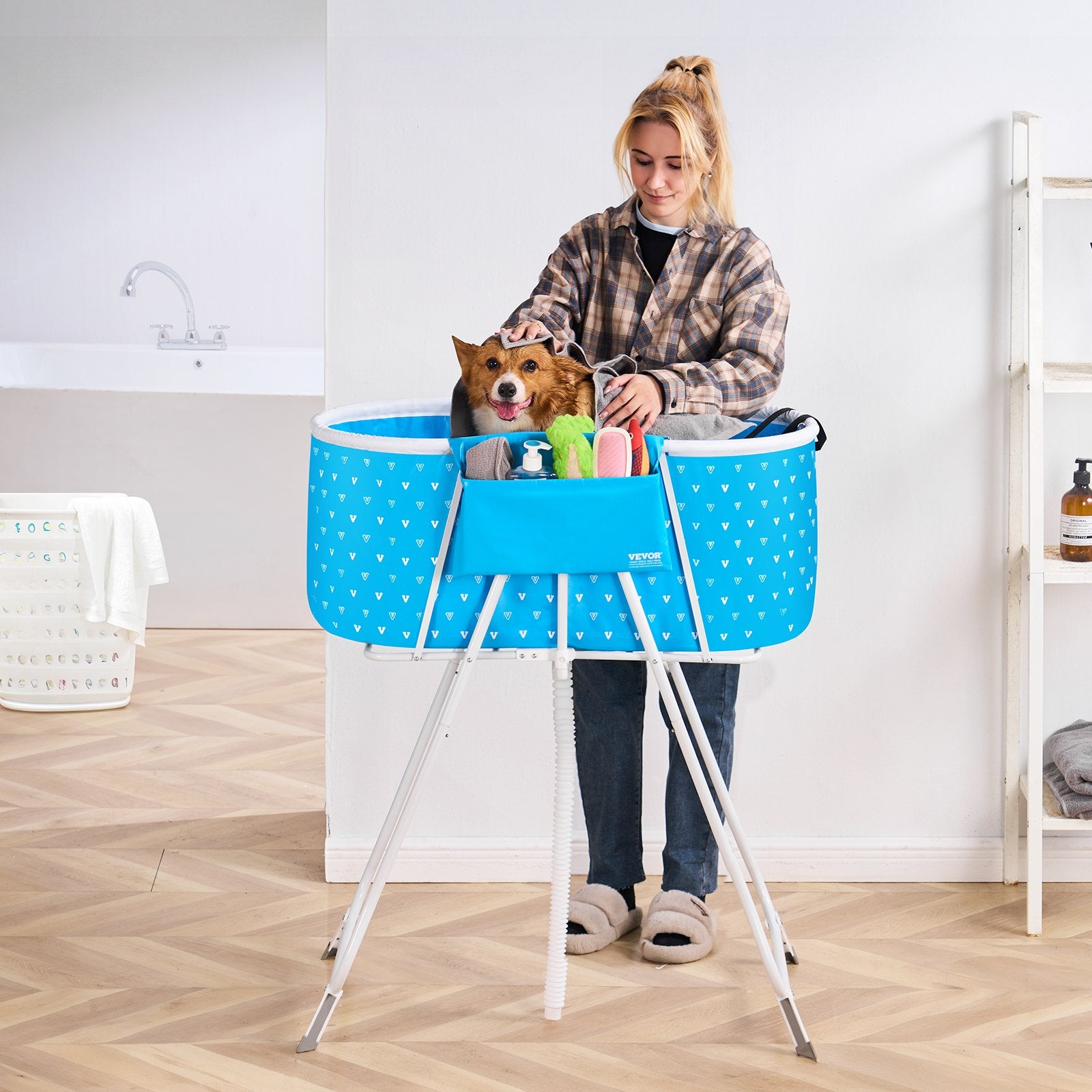 VEVOR Portable Dog Bathtub, Elevated & Foldable Space-saving Pet Shower Station with Quick Drainage, Bathing Tub for Washing & Grooming Small and Medium Size Dogs and Cats Indoor & Outdoor, Light Blue