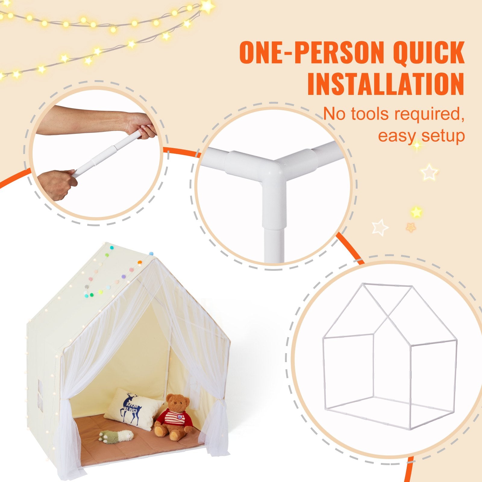 VEVOR Kids Play Tent, Kids Tent for Kids 1-5 Years Old, Toddler Tent with Mat and Tent Lamp, Tent for Kids with Windows for Indoor and Outdoor, Yurt Tent for Boys and Girls, Beige