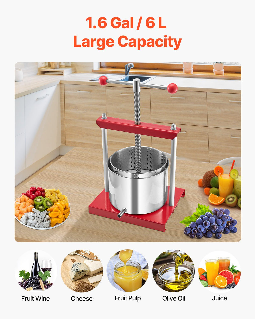 VEVOR Fruit Wine Press Manual Press for Wine Making 1.6 Gal/6L Stainless Steel