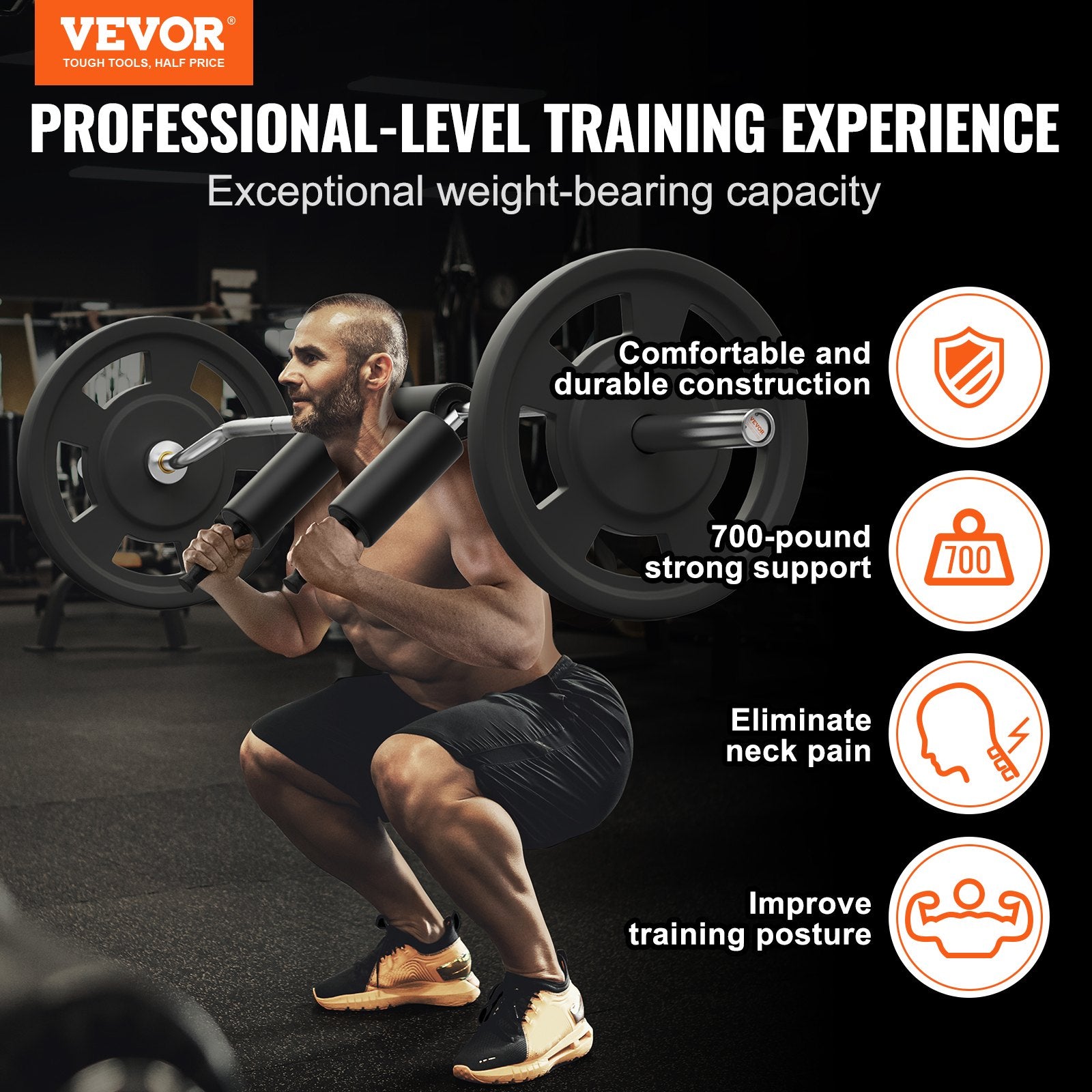 VEVOR Safety Squat Bar, 318kg Fitness Squat  Bar, Safety Squat Bar Attachment with Shoulder and Arm Pads, 28mm Diameter Weight Bar, Ideal for Front Squats, Lunges, Rehab, Physical Therapy