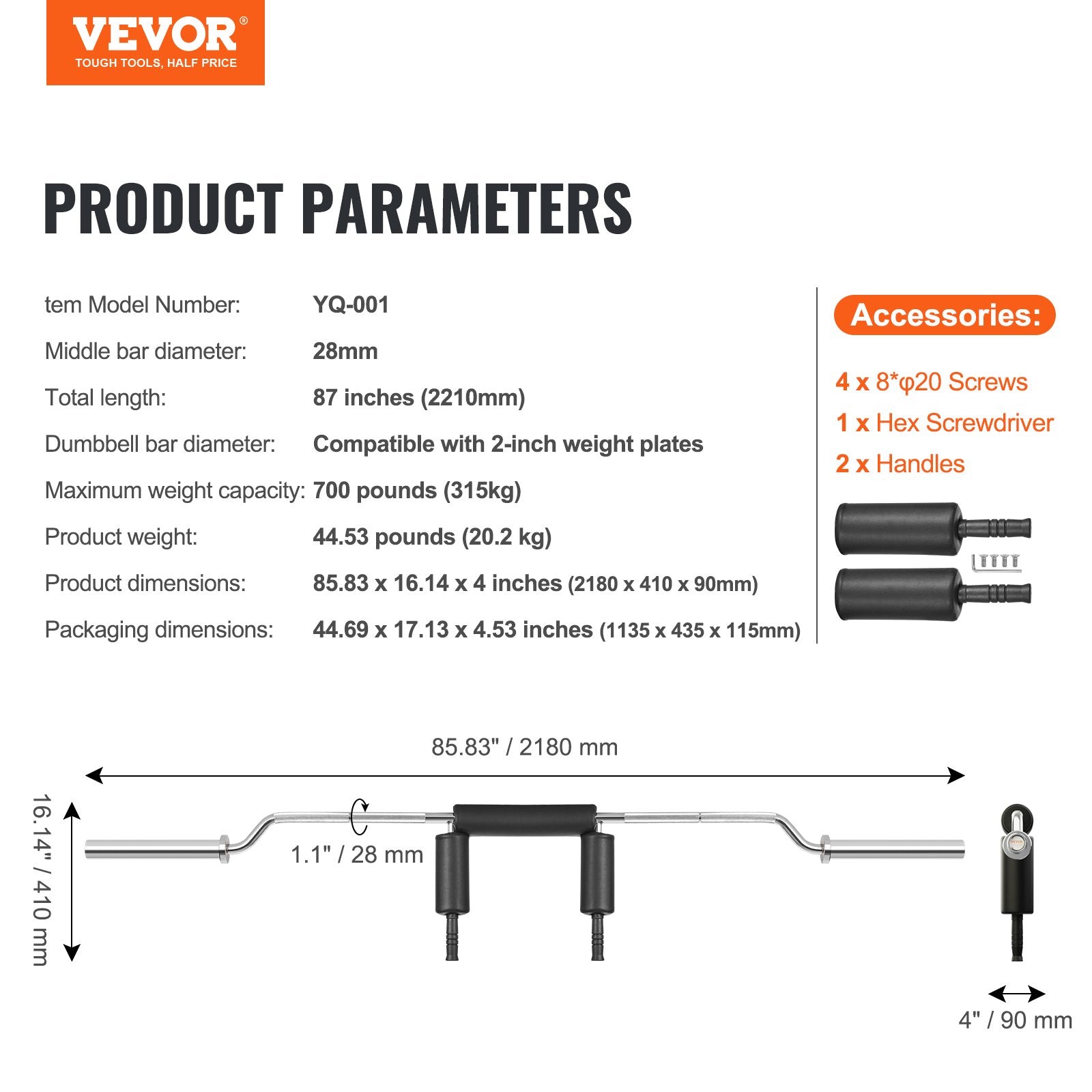 VEVOR Safety Squat Bar, 318kg Fitness Squat  Bar, Safety Squat Bar Attachment with Shoulder and Arm Pads, 28mm Diameter Weight Bar, Ideal for Front Squats, Lunges, Rehab, Physical Therapy