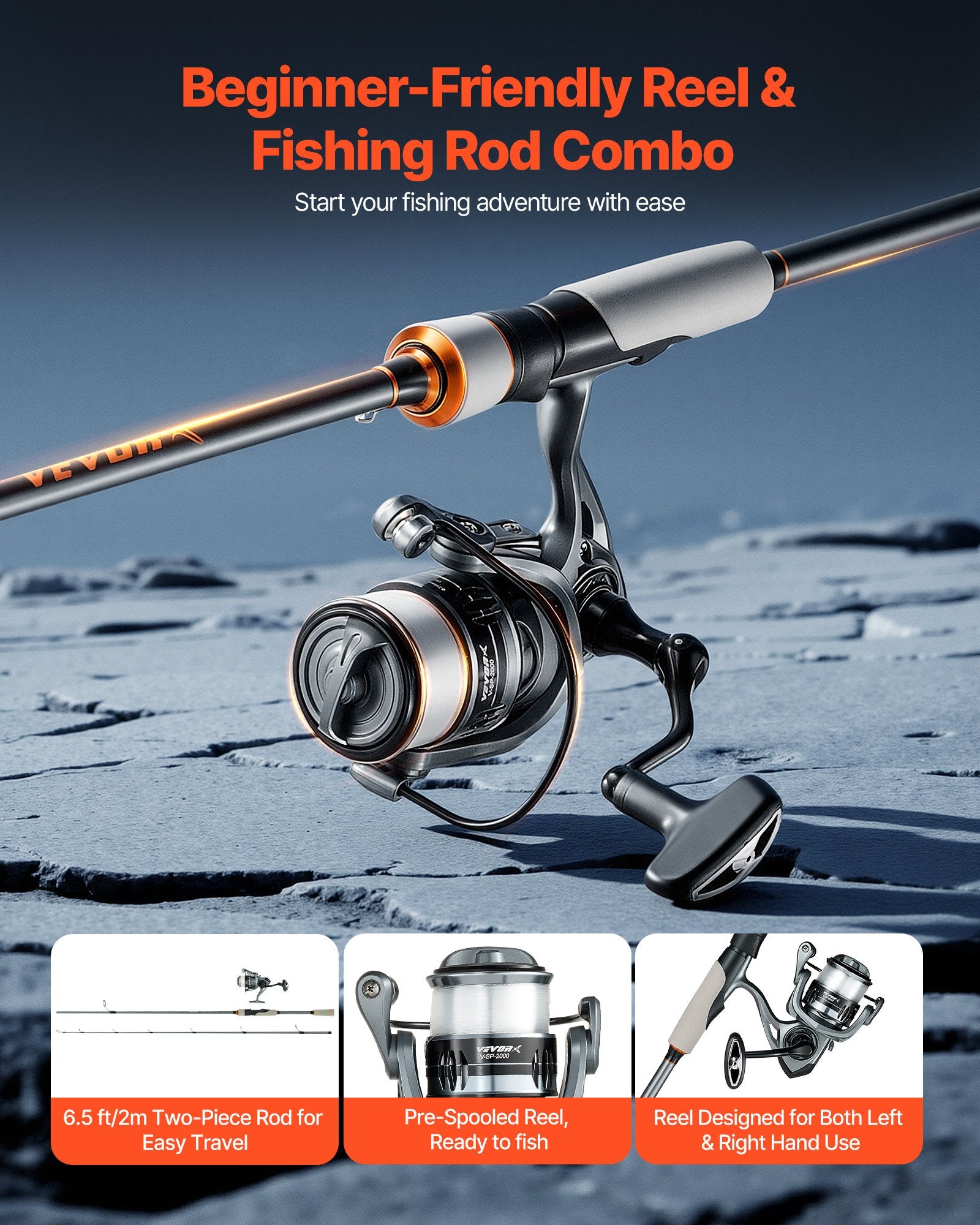 VEVOR Rod and Fishing Reel Combo, IM6 Fiberglass & Carbon Fiber Spinning Rod and Reel Combo, Bass Fishing Pole with 2m Two-Piece Rods, 6+1 Ball Bearings, Stainless Steel Guides with Ceramic Rings
