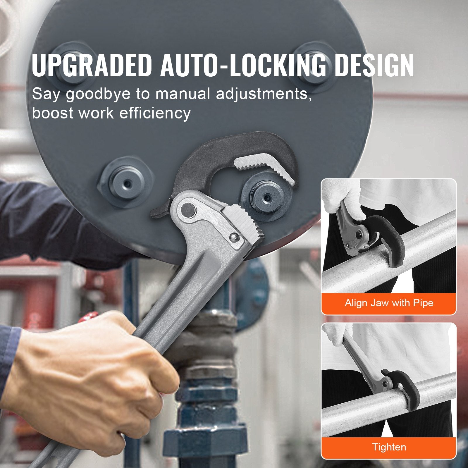 VEVOR Pipe Wrench, 14" Aluminum Straight Pipe Wrench, Automatic Jaw Adjustment, Adjustable Plumbing Wrench, Easy to Carry, Ergonomic Handle, Hangable Design, for Water Pipes, Automotive Repairs