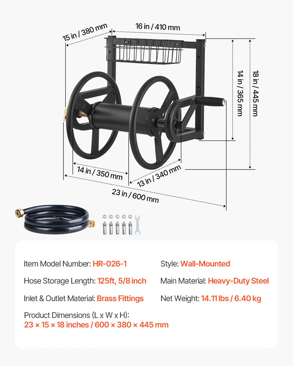 VEVOR Wall Mounted Garden Hose Reel 125ft 5/8 in Metal Hose Reel with Basket