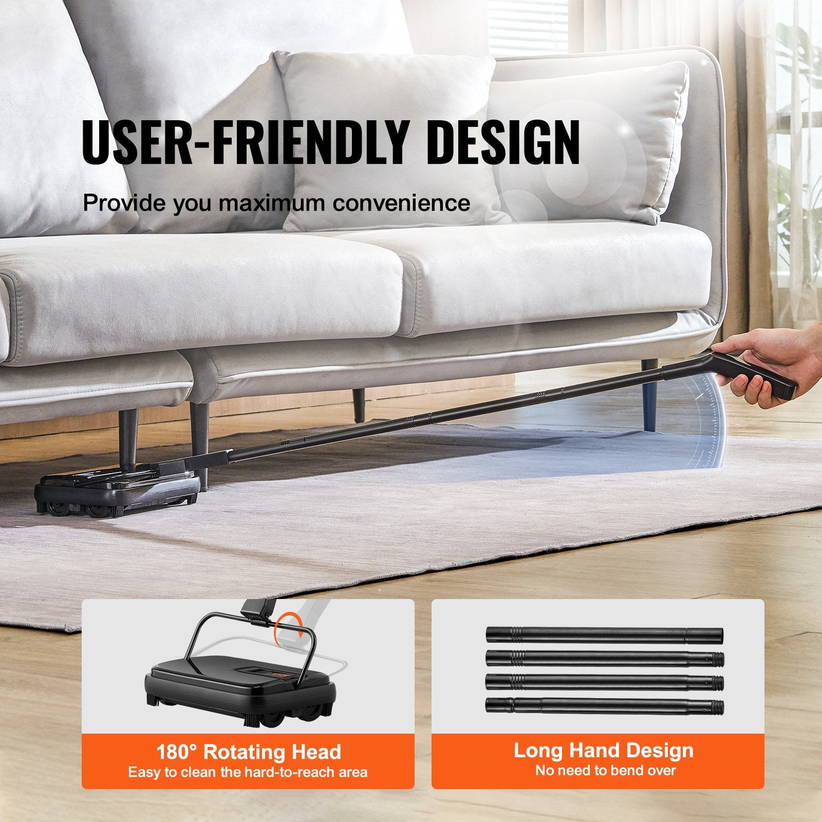 VEVOR Carpet Sweeper, 200 mm Sweeping Paths, Floor Sweeper Manual Non Electric, 300 ml Dustbin Capacity with Comb for Home Office Rugs Hardwood Surfaces Wood Floors Laminate, Cleans Dust Pet Hair