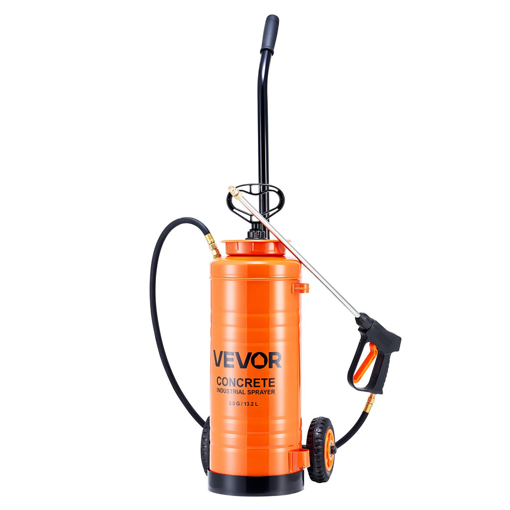 VEVOR Industrial Concrete Sprayer with Wheeled Cart, 14L Stainless Steel Sprayer, Heavy Duty Tri-Poxy Pump Sprayers, 52cm Wand, 1.2m & 3m Hoses, 2 Brass Nozzles for Construction, Lawn & Garden