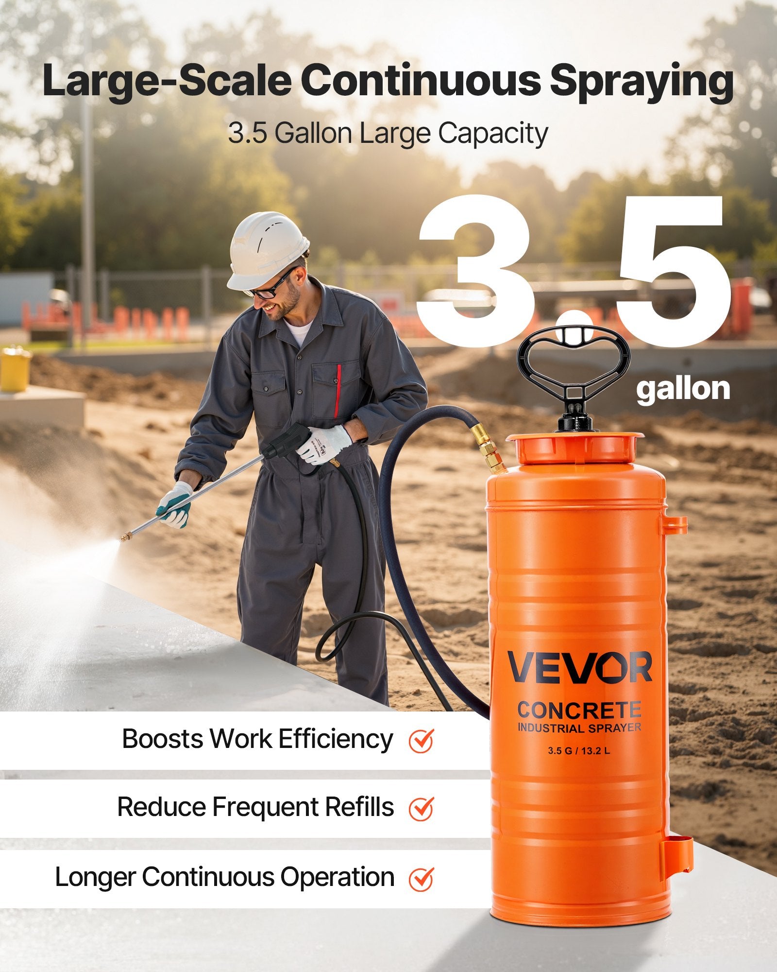 VEVOR Industrial Concrete Sprayer, 14L Stainless Steel Sprayer, Heavy Duty Tri-Poxy Pump Sprayers, 52cm Wand with Ergonomic Gun Handle, 1.2m & 3m Hoses, 2 Brass Nozzles for Construction, Garden