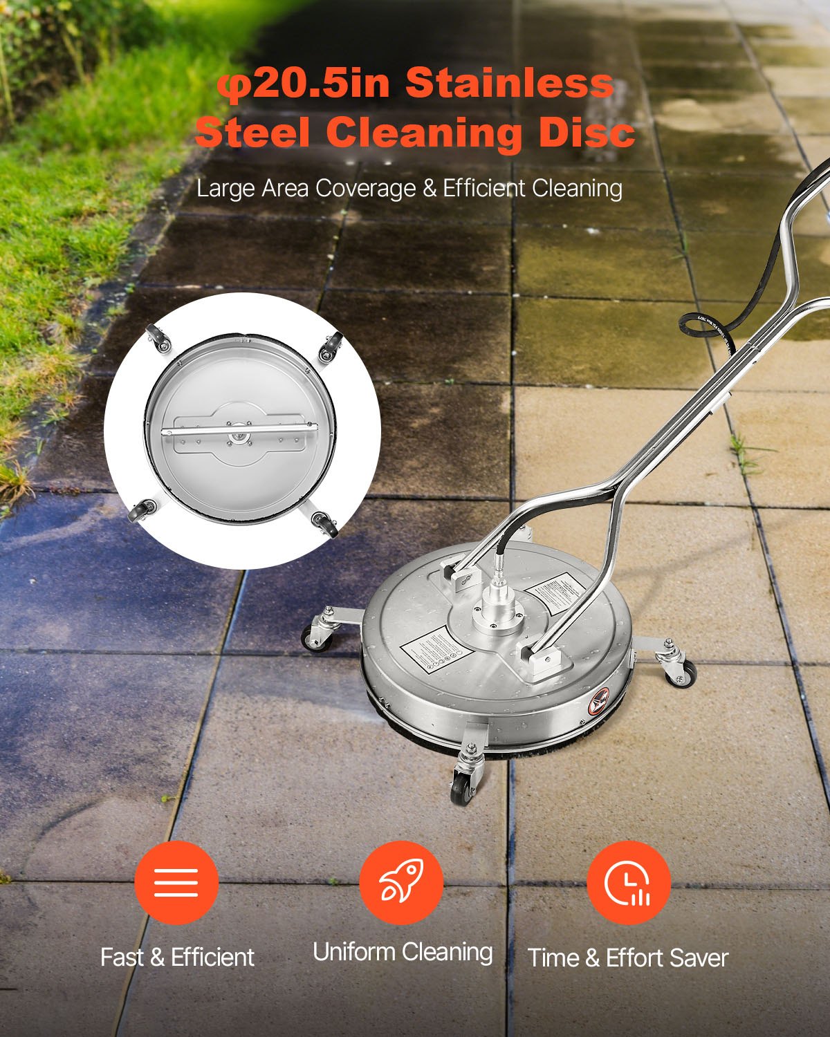 VEVOR 20" Pressure Washer Surface Cleaner, Stainless Steel Pressure Washer Attachments with 4 Wheels, 4500 Max PSI, 3/8 Quick Connector, 2 Spray Nozzles, Dual Handle, for Concrete, Patio, Sidewalk