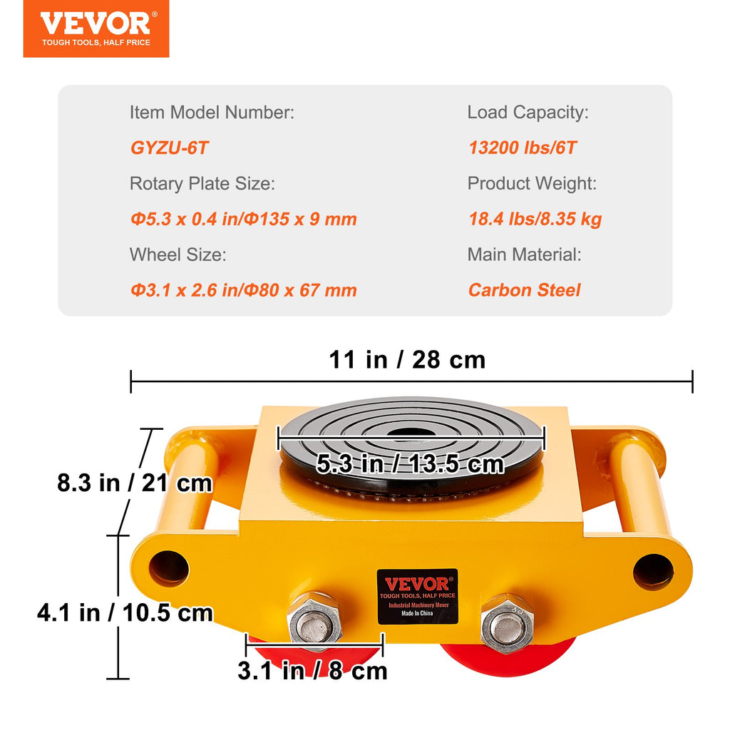 VEVOR Machinery Skate Dolly Machinery Mover 13200lbs/6T Carbon Steel 4 PU Wheels