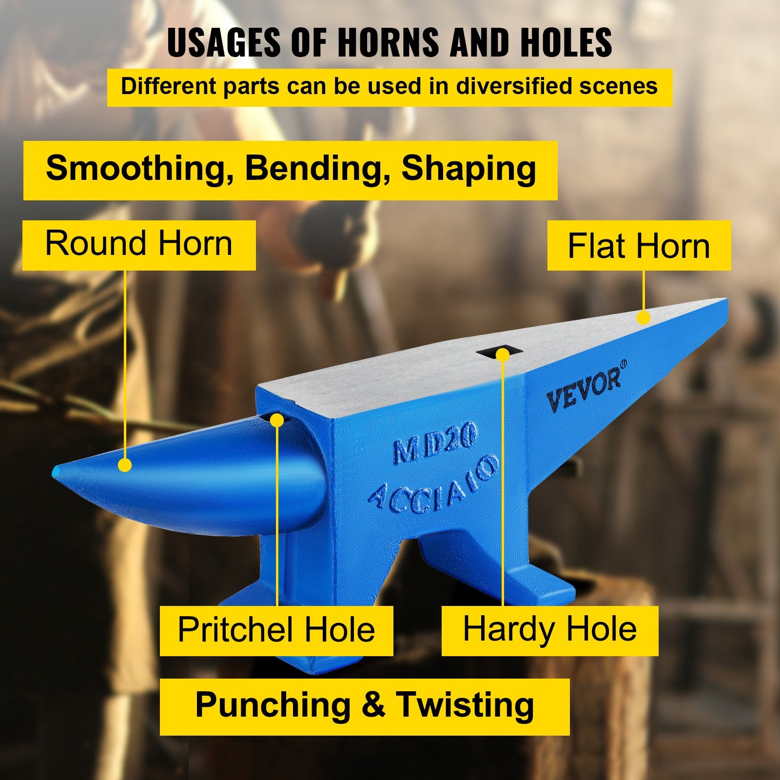 VEVOR Single Horn Anvil 44Lbs Steel Anvil Blacksmith for Sale Forge Tools and Equipment Anvil Rugged Round and Square Hole Horn Anvil Blacksmith Jewelers Metalsmith Blacksmith Tool