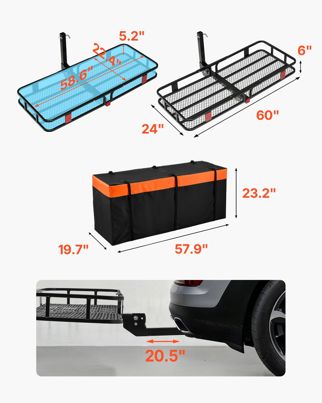 VEVOR 60" x 24" x 6", Hitch Cargo Carrier, 500 lbs Capacity Hitch Cargo Carrier with Cargo Net with Hook & Waterproof Cargo Bag, Folding Hitch Mount Cargo Carrier with Ratchet Straps, Fit for SUVs