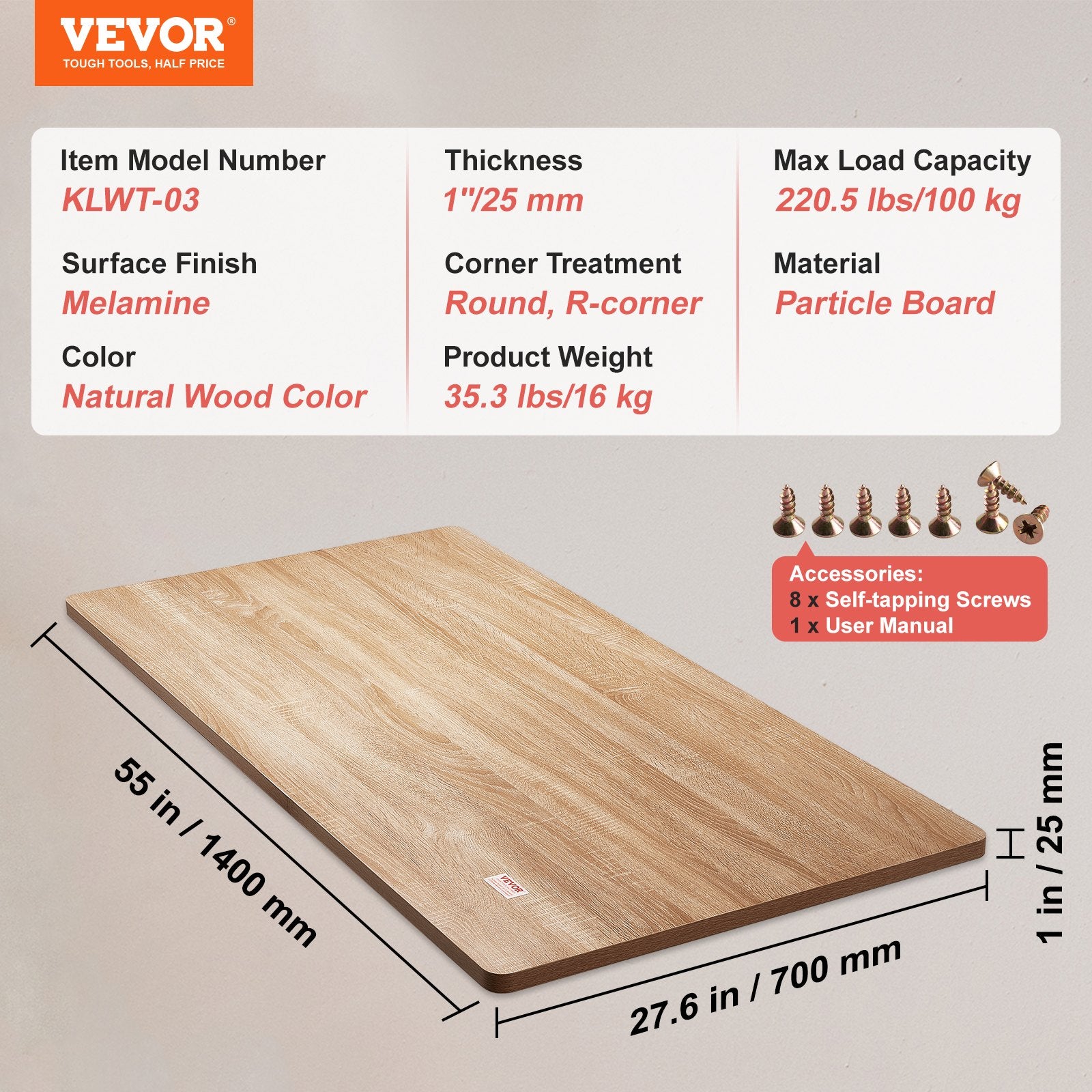 VEVOR Table Top, 55" x 27.6" x 1", 220.5 lbs Load Capacity, Universal One-Piece Particle Board Desktop for Height Adjustable Electric Standing Desk Frame, Rectangular Countertop for Home & Office Desk
